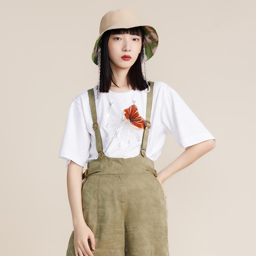 谜底2022春季新款时尚前卫PVC花朵宽松圆领短袖T恤女221MT0162 商品图0