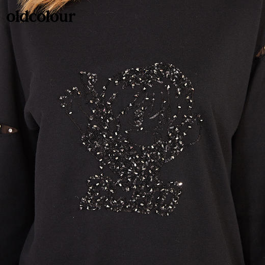 oldcolour春季钉珠破洞休闲宽松长袖圆领套头卫衣女N12023238 商品图2