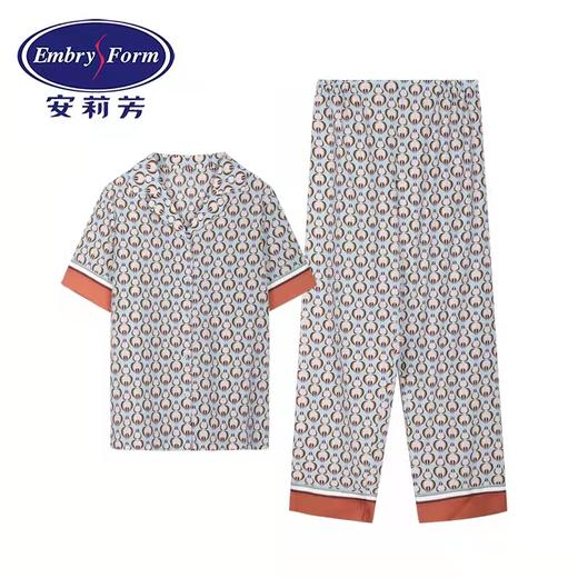 安莉芳桑蚕丝棉印花薄款睡衣套装女小翻领短袖长裤家居服EL00441 商品图1