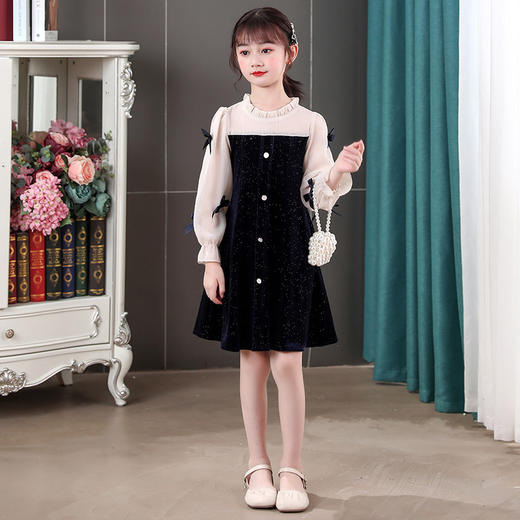 甜美洋气女童公主连衣裙，金丝绒长袖拼接蕾丝蝴蝶结儿童公主裙XWN-2520 商品图0