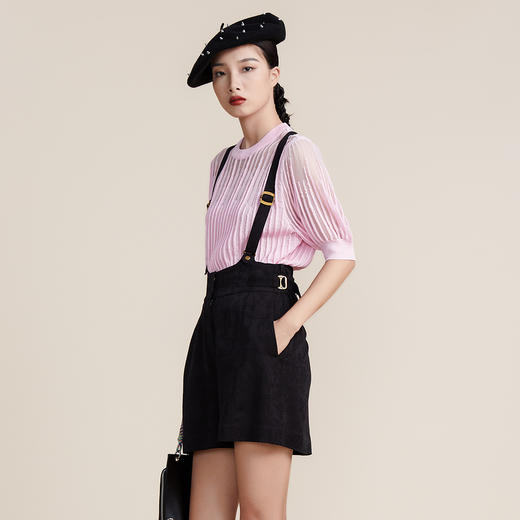 谜底2022春新款高端系列时尚质感面料提花背带短西裤女221GK0116 商品图1