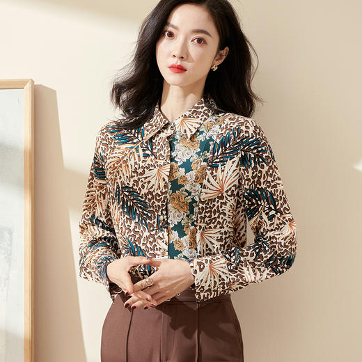 剩S 米思阳2025秋季新款时尚复古气质印花女式衬衫长袖直筒上衣0351 商品图1