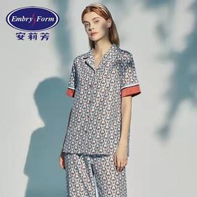 安莉芳桑蚕丝棉印花薄款睡衣套装女小翻领短袖长裤家居服EL00441