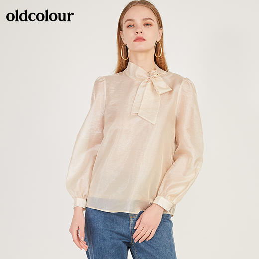 oldcolour2021春季休闲气质长袖宽松蝴蝶结领套头衬衫女N12013216 商品图4