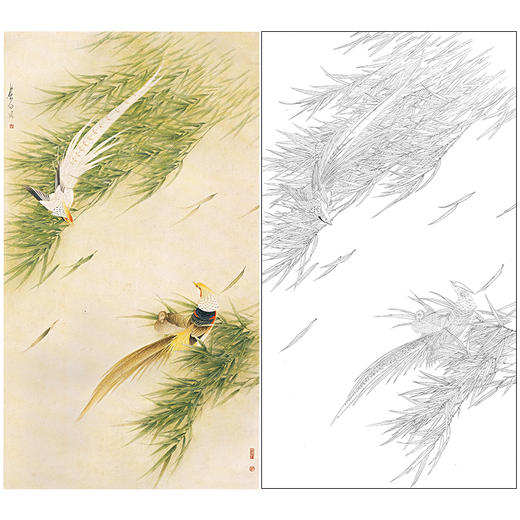 【无步骤】李长白竖幅工笔花鸟画白描底稿《风竹锦鸡》LB07 商品图0