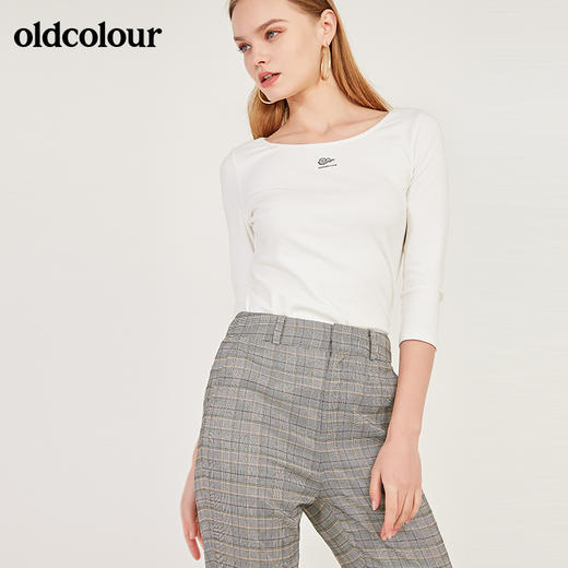 oldcolour春季大圆领修身打底百搭弹力七分袖T恤女N12023258 商品图3
