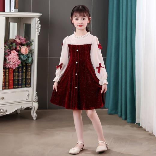 甜美洋气女童公主连衣裙，金丝绒长袖拼接蕾丝蝴蝶结儿童公主裙XWN-2520 商品图1