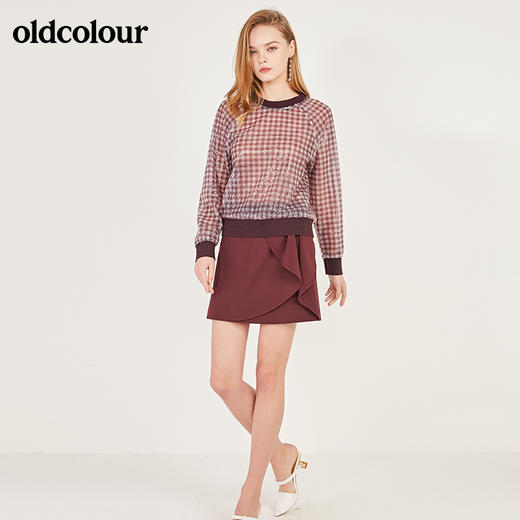 oldcolour春季圆领格子蕾丝珠片百搭气质长袖T恤女N12023255 商品图3