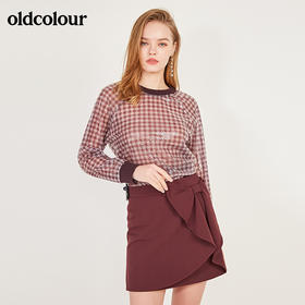 oldcolour春季圆领格子蕾丝珠片百搭气质长袖T恤女N12023255
