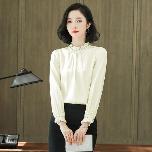 重磅真丝衬衫，长袖立领钉珠桑蚕丝上衣KQN-221221 商品图2