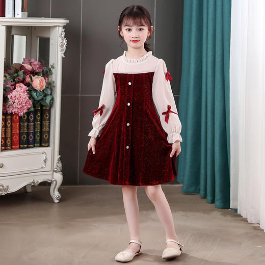 甜美洋气女童公主连衣裙，金丝绒长袖拼接蕾丝蝴蝶结儿童公主裙XWN-2520 商品图2