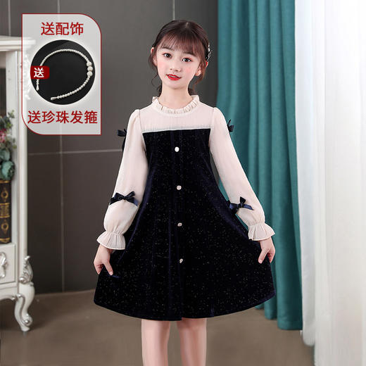 甜美洋气女童公主连衣裙，金丝绒长袖拼接蕾丝蝴蝶结儿童公主裙XWN-2520 商品图3