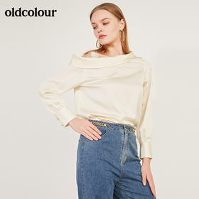 oldcolour春季斜领露肩休闲气质贵气长袖套头衬衫女N12013244