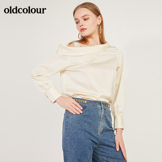oldcolour春季斜领露肩休闲气质贵气长袖套头衬衫女N12013244 商品图0