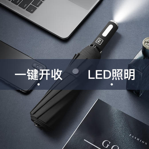 【一键开合 LED照明】10骨男女士商务雨伞 三折抗风全自动黑胶折叠礼品雨伞广告晴雨伞 商品图1