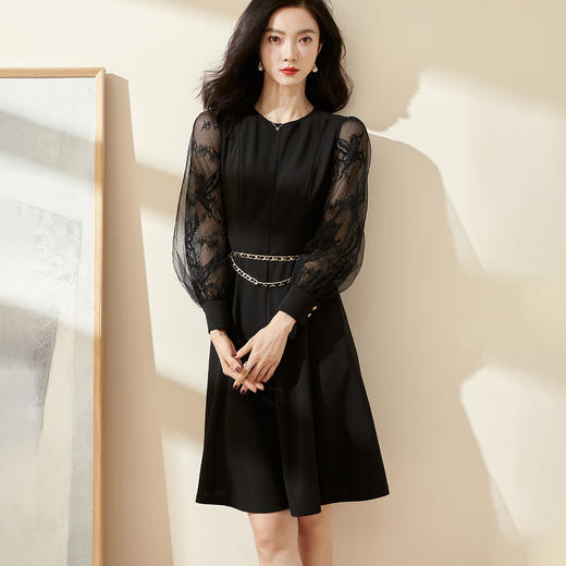 剩S/M 米思阳2025春季新款优雅气质收腰显瘦拼接网纱袖黑色连衣裙0112 商品图2