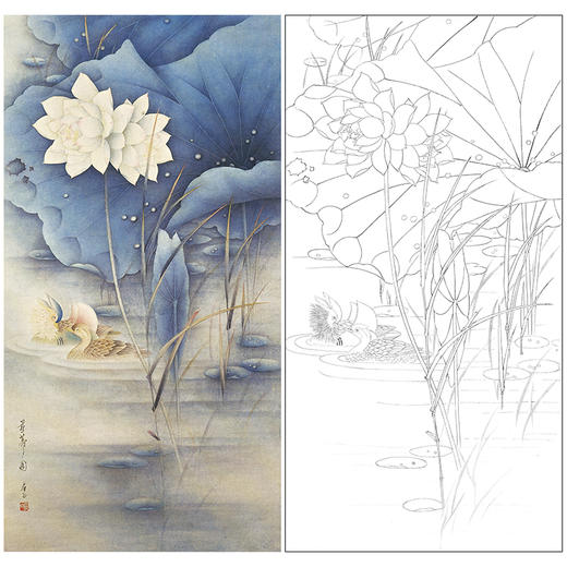 【无步骤】李长白竖幅工笔花鸟画白描底稿-荷花《并蒂莲》LB02 商品图0
