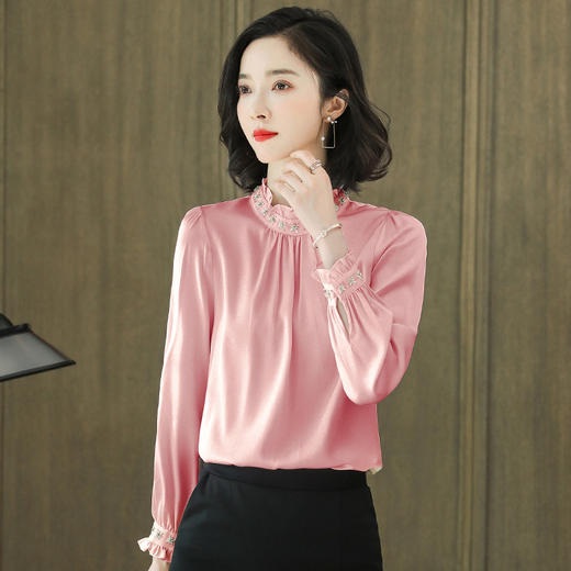 重磅真丝衬衫，长袖立领钉珠桑蚕丝上衣KQN-221221 商品图0