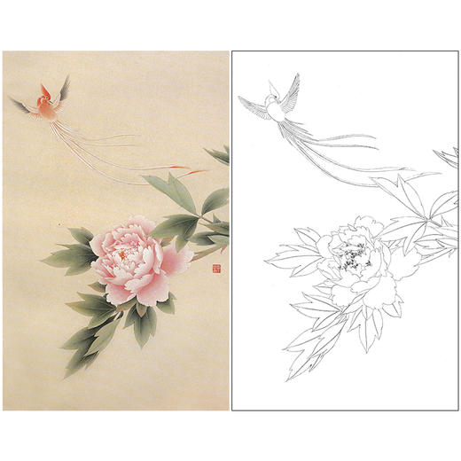 【无步骤】李长白竖幅工笔花鸟画白描底稿《牡丹寿带》LB12 商品图0