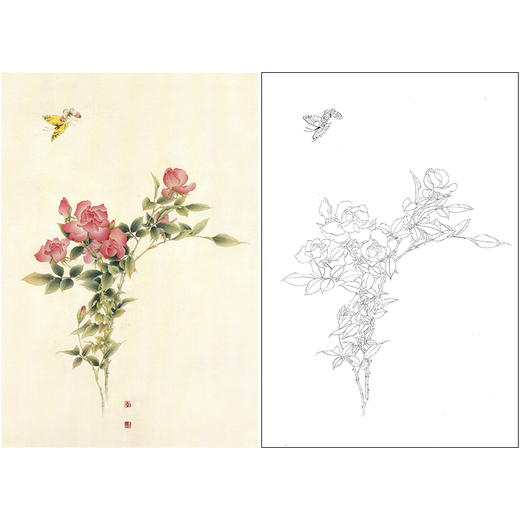 【无步骤】李长白竖幅工笔花鸟画白描底稿《月季双蝶》LB22 商品图0