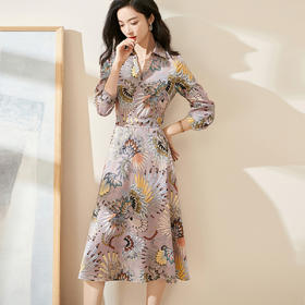 剩L 米思阳2025春季新款气质印花大摆裙收腰显瘦长袖V领连衣裙0267