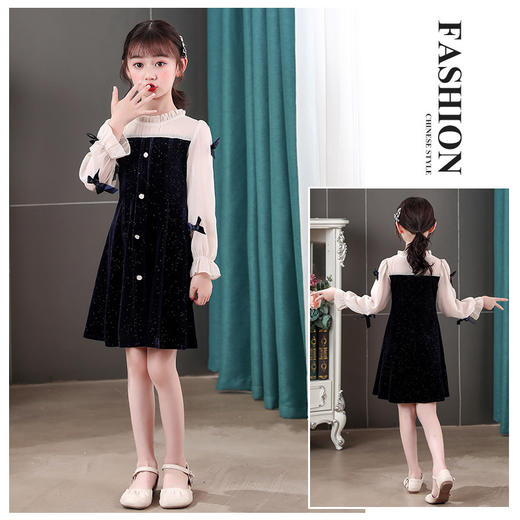 甜美洋气女童连衣裙，金丝绒长袖拼接蕾丝蝴蝶结儿童裙XWN-2520 商品图5