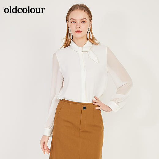 oldcolour春季新款纯色简约气质领结设计长袖衬衫女N11013134 商品图3