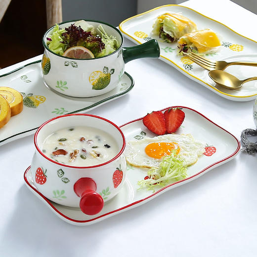 日式手柄陶瓷碗早餐碗盘家用创意草莓沙拉碗一人食餐具碗碟套装 商品图7