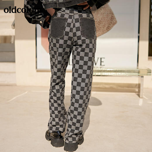 oldcolour2022春季新款全棉休闲阔腿直筒棋盘格子牛仔裤女BO12113062B 商品图1