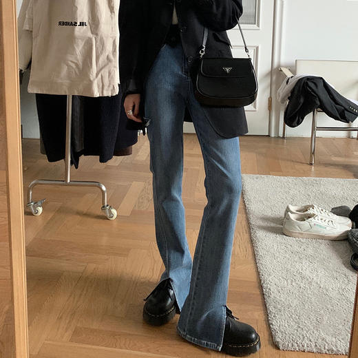 【显瘦显高，穿出大长腿！】时髦复古ins高腰牛仔裤女春季微喇开叉显高显瘦破洞马蹄裤子 商品图0