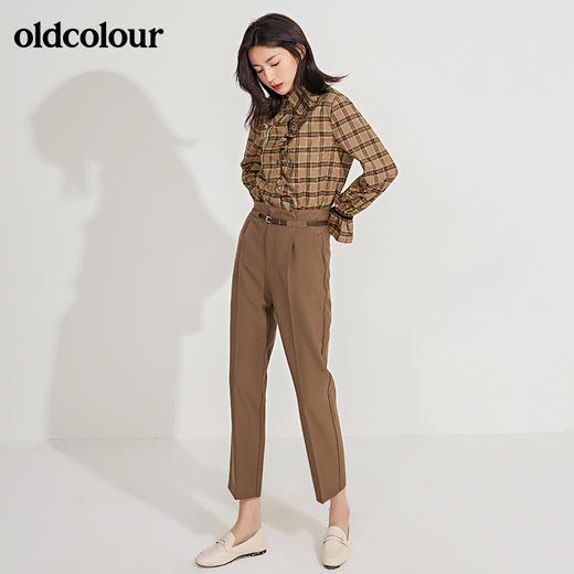 oldcolour春季新品格子复古气质花边门襟长袖衬衫女GN11013607 商品图3