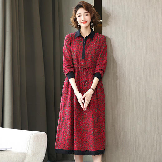 WZNH- WL10099套头红色气质通勤中长裙电子中腰印花连衣裙 商品图0