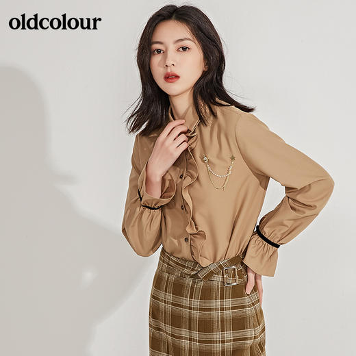 oldcolour春季新品格子复古气质花边门襟长袖衬衫女GN11013607 商品图1