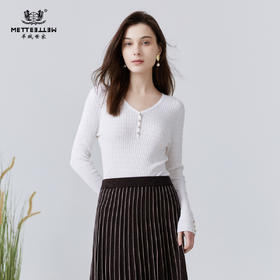 METTE22春新品女士针织衫长袖修身v领打底衫时尚镂空上衣套头毛衣