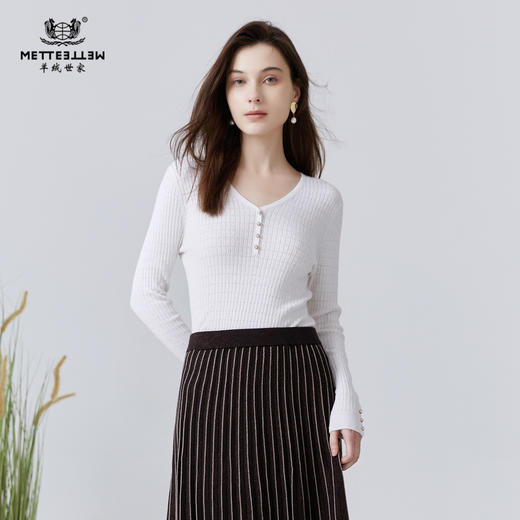 METTE22春新品女士针织衫长袖修身v领打底衫时尚镂空上衣套头毛衣 商品图0
