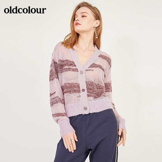 oldcolour春季轻薄款含羊毛马海毛条纹休闲短款小开衫女N12053260 商品图0