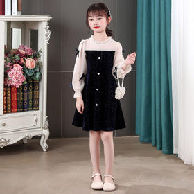 甜美洋气女童连衣裙，金丝绒长袖拼接蕾丝蝴蝶结儿童裙XWN-2520