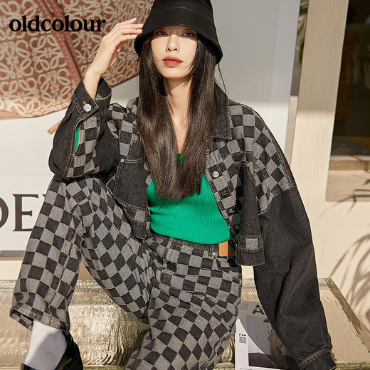 oldcolour2022春季新款全棉休闲帅气复古棋盘格子短款牛仔外套女BO12040066B 商品图1
