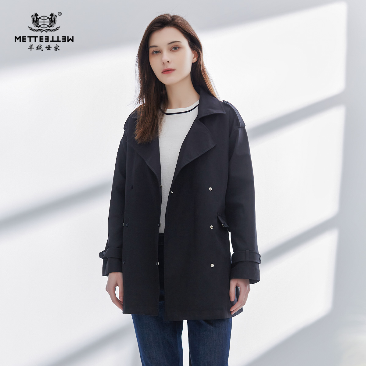 METTE22年早春女士风衣西装领上衣宽松收腰中长款休闲显瘦外套