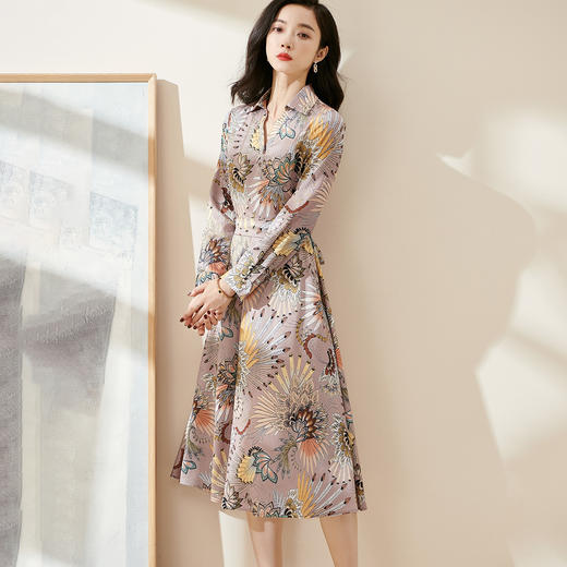 剩L 米思阳2025春季新款气质印花大摆裙收腰显瘦长袖V领连衣裙0267 商品图2