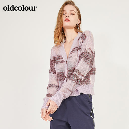 oldcolour春季轻薄款含羊毛马海毛条纹休闲短款小开衫女N12053260 商品图3