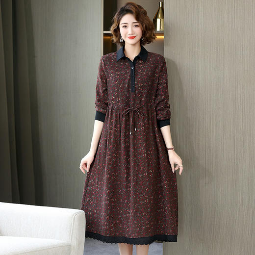 WZNH- WL10099套头红色气质通勤中长裙电子中腰印花连衣裙 商品图1