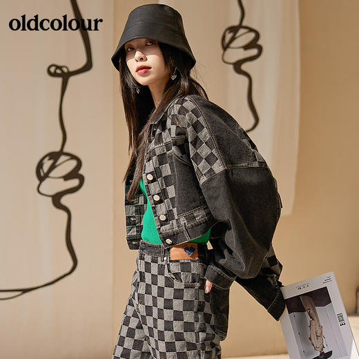 oldcolour2022春季新款全棉休闲帅气复古棋盘格子短款牛仔外套女BO12040066B 商品图4