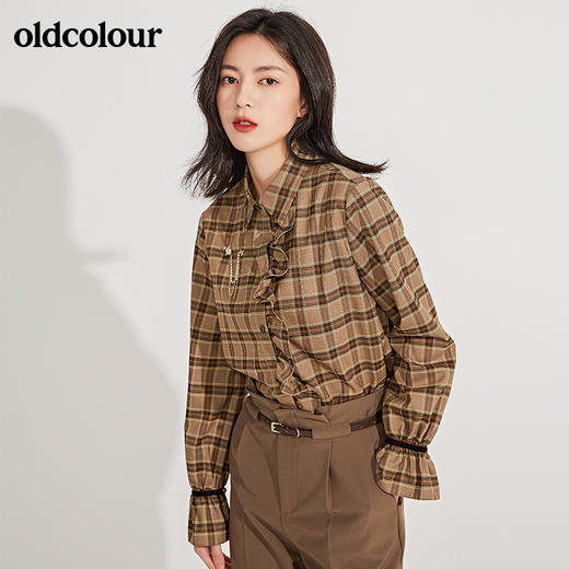 oldcolour春季新品格子复古气质花边门襟长袖衬衫女GN11013607 商品图4