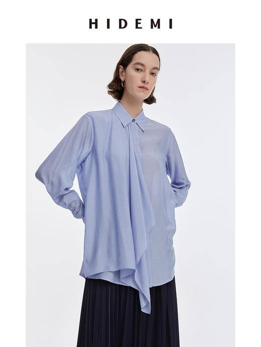 HIDEMI 马卡龙蓝丝巾设计感柔顺桑蚕丝衬衫 商品图0
