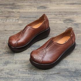 豪行春新款20192921妈妈鞋软底舒适真皮船鞋厚底复古女鞋平底单鞋 专柜正品