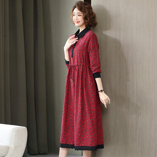 WZNH- WL10099套头红色气质通勤中长裙电子中腰印花连衣裙 商品图3