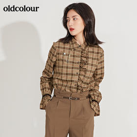 oldcolour春季新品格子复古气质花边门襟长袖衬衫女GN11013607