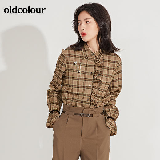 oldcolour春季新品格子复古气质花边门襟长袖衬衫女GN11013607 商品图0