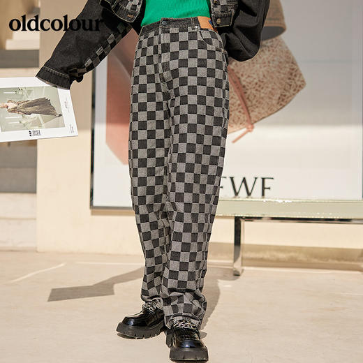 oldcolour2022春季新款全棉休闲阔腿直筒棋盘格子牛仔裤女BO12113062B 商品图4